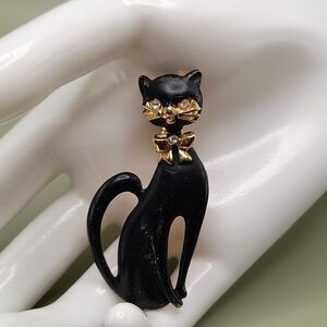 Vintage Siamese Cat Brooch Matte Black Enamel Bow Tie, 2 1/8 Inch